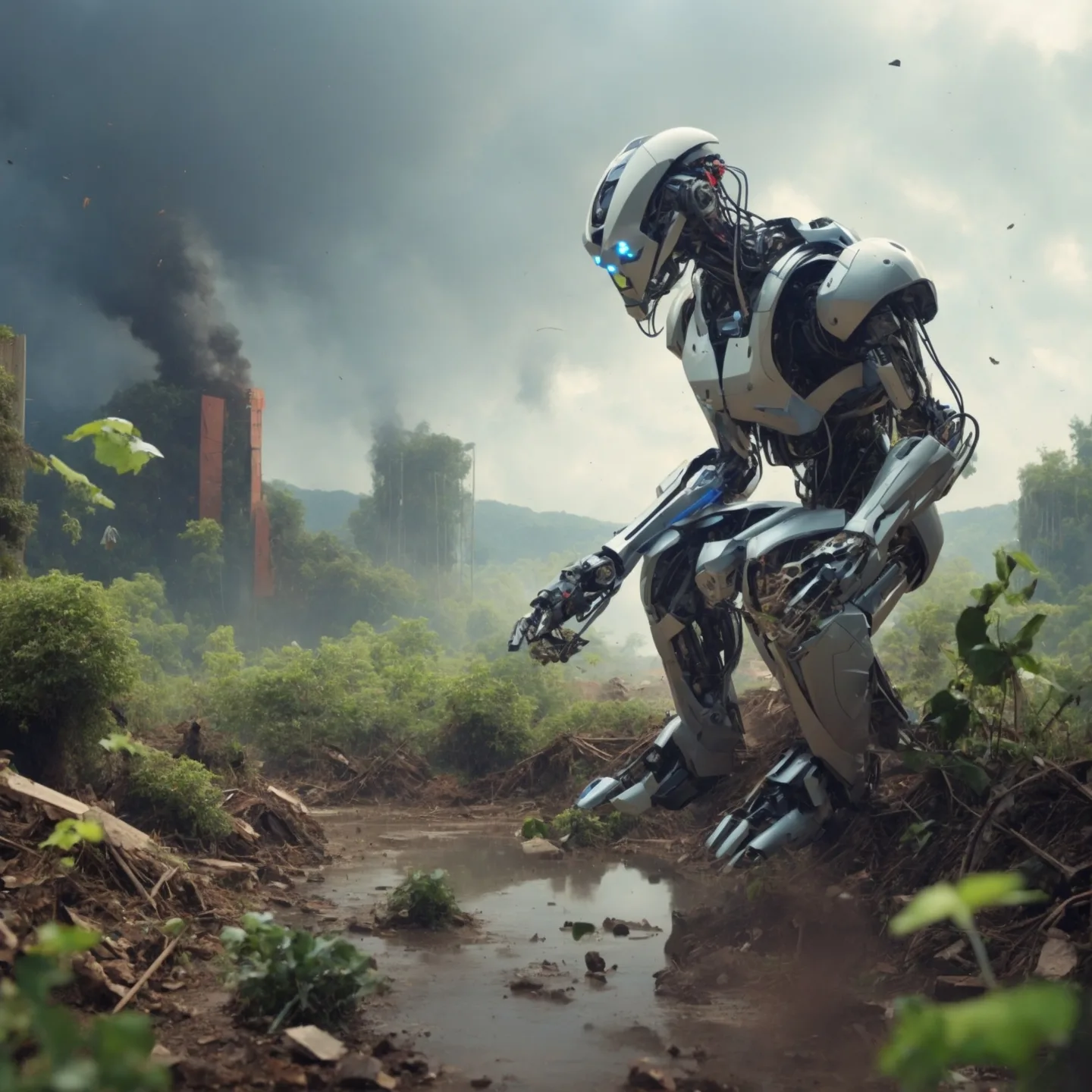 An AI robot overlooking a damaged environment