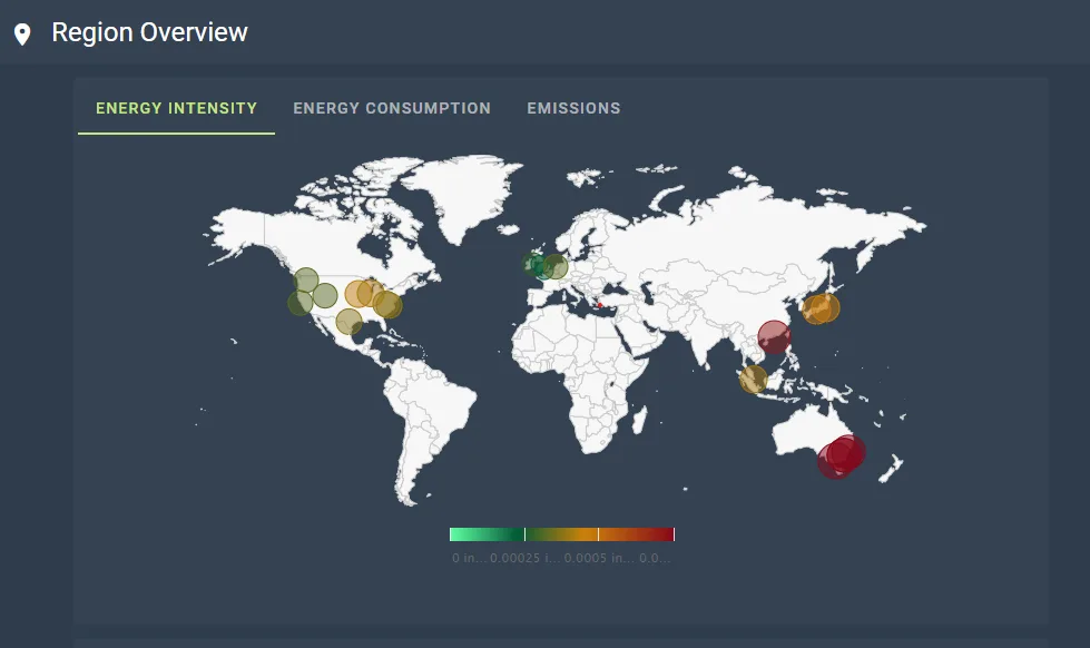 A heat map showing energy intensity view in Cloud Ctrl's Emissions & Energy feature